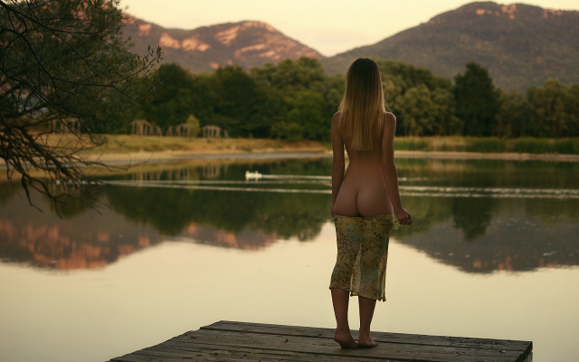 1920x1280 pix. Wallpaper lake, ass, blonde, long hair, pier, undressing