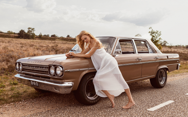 2027x1327 pix. Wallpaper daphne marleen laan, retro car, girl, white dress, blonde