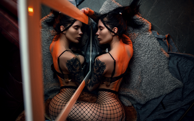 2560x1708 pix. Wallpaper top view, tattoo, closed eyes, ass, fishnet, mirror, reflection, black lingerie, black bra, black hair
