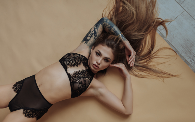 2500x1666 pix. Wallpaper studio, black lingerie, tattoo, top view, belly, armpits, see-through lingerie, lingerie, tits