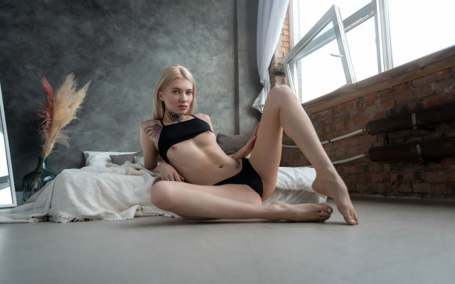 2048x1367 pix. Wallpaper blonde, black panties, tits, nipples, sitting, mattresses, window, belly, bricks, sexy