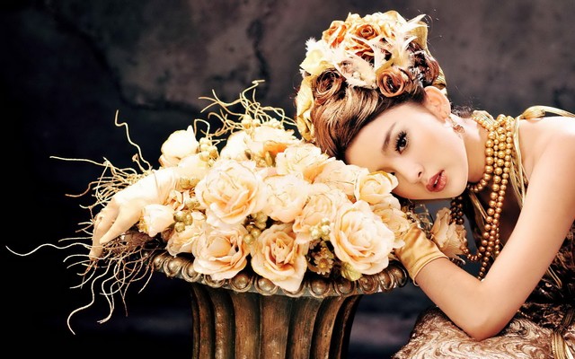 1920x1200 pix. Wallpaper girl, model, asian, flowers, rozy, pricheska