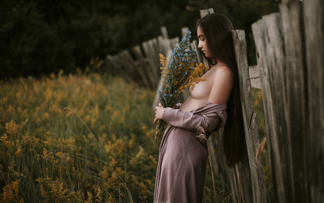 2560x1681 pix. Wallpaper dress, summer, fence, flowers, tits, nipples, long hair, brunette