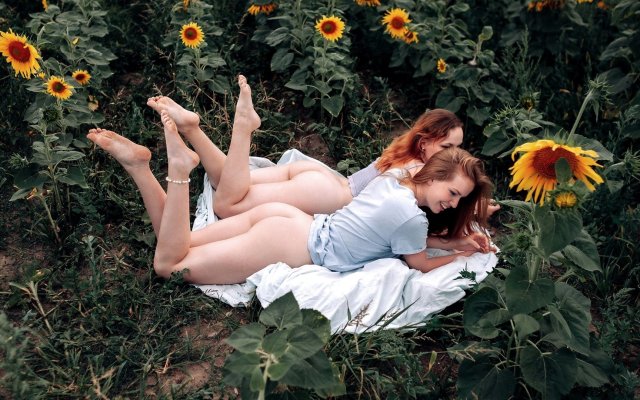 1920x1080 pix. Wallpaper 2 girls, ass, smiling, bottomless, field, sunflower