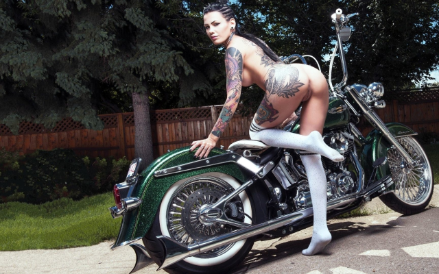 1920x1080 pix. Wallpaper darcy diamond, harley davidson, motorcycle, naked, pussy, labia, ass, tattoos, knee socks, tattoo, bike