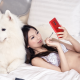 asian, model, lingerie, brunette, bra, panties, dog, smartphone, in bed wallpaper