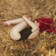 fetal position, redhead, one-piece, barefoot, field, ass, hay wallpaper