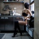 knee socks, model, high heels, sitting, black lingerie, kitchen, black stockings, brunette, skinny, slim legs wallpaper