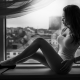 window sill, one-piece, high heels, sitting, monochrome, busty wallpaper