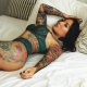 in bed, tattoo, green lingerie, bra, fetish, sexy wallpaper
