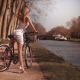 sexy, blonde, dress, high heels, outdoors, bicycle, river wallpaper
