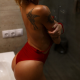 tattoo, bare shoulders, red swimsuit, back, ass, sink, bathroom, tanned wallpaper