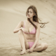 asian, sand, sitting, pink bikini, model wallpaper