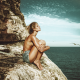 sea, closed eyes, topless, jeans shorts, sitting, cliff, tanned wallpaper