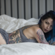 in bed, ass, tattoo, lingerie, blue hair, dyed hair, nose ring wallpaper