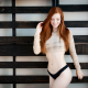 megan deluca, lingerie, redhead, closed eyes, smiling, pierced navel, black panties wallpaper
