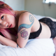 cygnet suicide, suicide girls, tattoo, dyed hair, in bed, black lingerie, model, black panties wallpaper