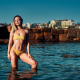model, blonde, yellow bikini, swimsuit, closed eyes, sea, wet wallpaper