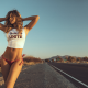 model, t-shirt, bikini bottoms, arms up, highway, outdoors, tanned, panties wallpaper