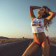 model, t-shirt, arms up, highway, outdoors, tanned wallpaper