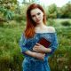 portrait, redhead, blue eyes, outdoors, book, bare shoulders, summer dress, non nude wallpaper