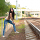 topless, shoes, torn jeans, railway, outdoors, rails wallpaper