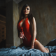 yulia zhukova, brunette, in bed, long hair, red clothing wallpaper