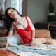 aerie suicide, suicide girls, model, sitting, lingerie, red lingerie, tattoo wallpaper