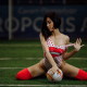 ball, kneeling, monokini, red stockings, synthetic grass, closed eyes, brunette, football, sexy wallpaper