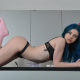 kuroha suicide, model, suicide girls, dyed hair, arched back, piercing, skinny, black lingerie, socks, ass, bra, panties, flowers, kitchen wallpaper