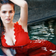 actress, zoey deutch, wet, red dress, cleavage, busty, pool wallpaper