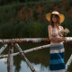 topless, hat, skirt, long skirt, flowers, sexy, brunette, river wallpaper