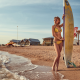 model, beach, outdoors, sky, sand, waves, barefoot, surfboard, surfing wallpaper