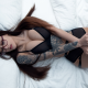 tanya bahtina, top view, black lingerie, in bed, tattoo, glasses, cleavage, pillow, long hair, lingerie, busty, boobs, big tits wallpaper
