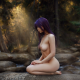 maya shakhnazarova, purple hair, hot, boobs, big tits, legs, nipples, rocks, river, forest, sun rays wallpaper