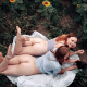 2 girls, ass, smiling, bottomless, field, sunflower, camera wallpaper