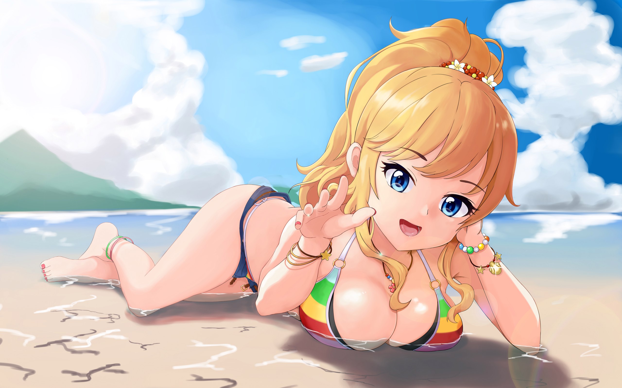 Beach Anime Porn - Download 2560x1595 beach, sky, blue eyes, big boobs, thigh ...
