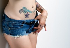 girl, tattoo, sexy, shorts, jeans wallpaper