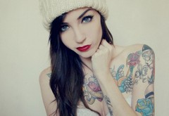 brunette, girl, tattoo, beautiful, eye, lips, shapka wallpaper