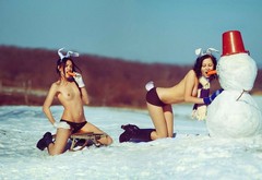 women, boots, topless, outdoors, winter, snow, carrots wallpaper