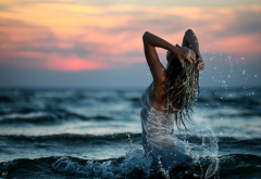 wet, see-through, sea, sunset, hands in hair, sexy wallpaper