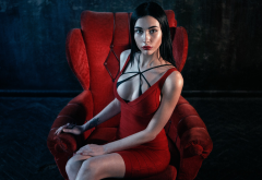 sexy dress, red dress, sitting, chair, model, brunette, non nude, very hot wallpaper