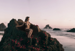 tits, boobs, beach, rock, sea, flowers, nude wallpaper