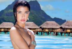 brunette, face, eyes, lips, wet, beach, bora bora, french polynesia, tropical, tits covered wallpaper