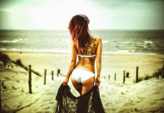 back, ass, tattoos, redhead, bikini, sand, sea, beach wallpaper