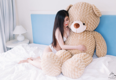 asian, women, in bed, teddy bear, brunette, sexy wallpaper