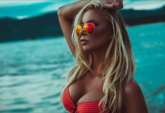 dillon francis, sunglasses, busty, bikini, red bikini wallpaper