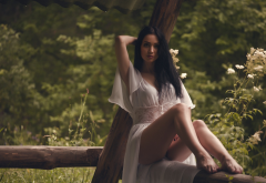brunette, sexy legs, model, portrait, white dress, black hair, sitting, outdoors, hands on head wallpaper
