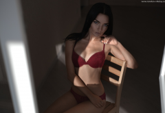 red lingerie, sitting, chair, brunette, model, bra wallpaper