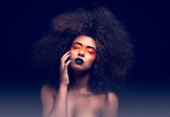 afro, black nails, black lipstick, face paint, closed eyes, no bra, topless, hot wallpaper